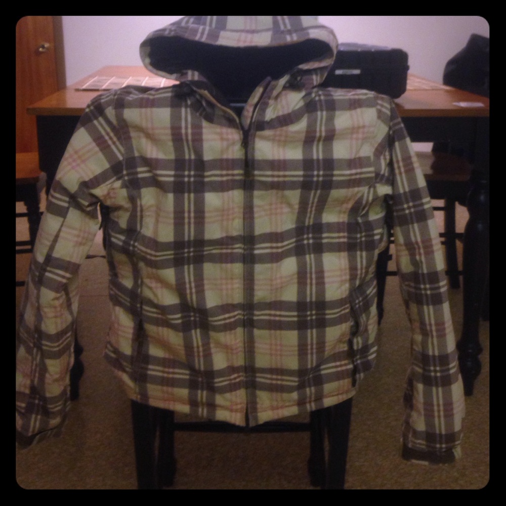 Tan, brown and pink plaid snowboard/ski jacket